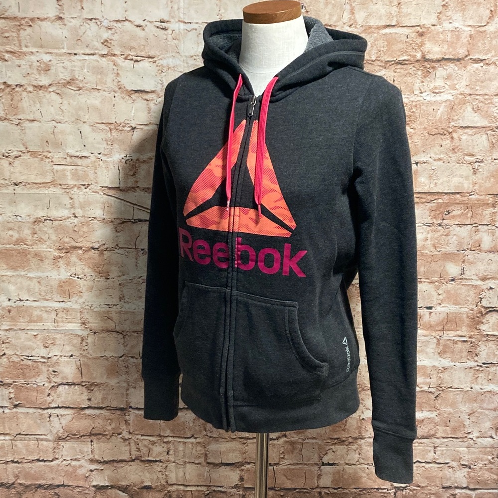 Reebok Charcoal zip-up Hoodie with Vibrant Pink Graphic